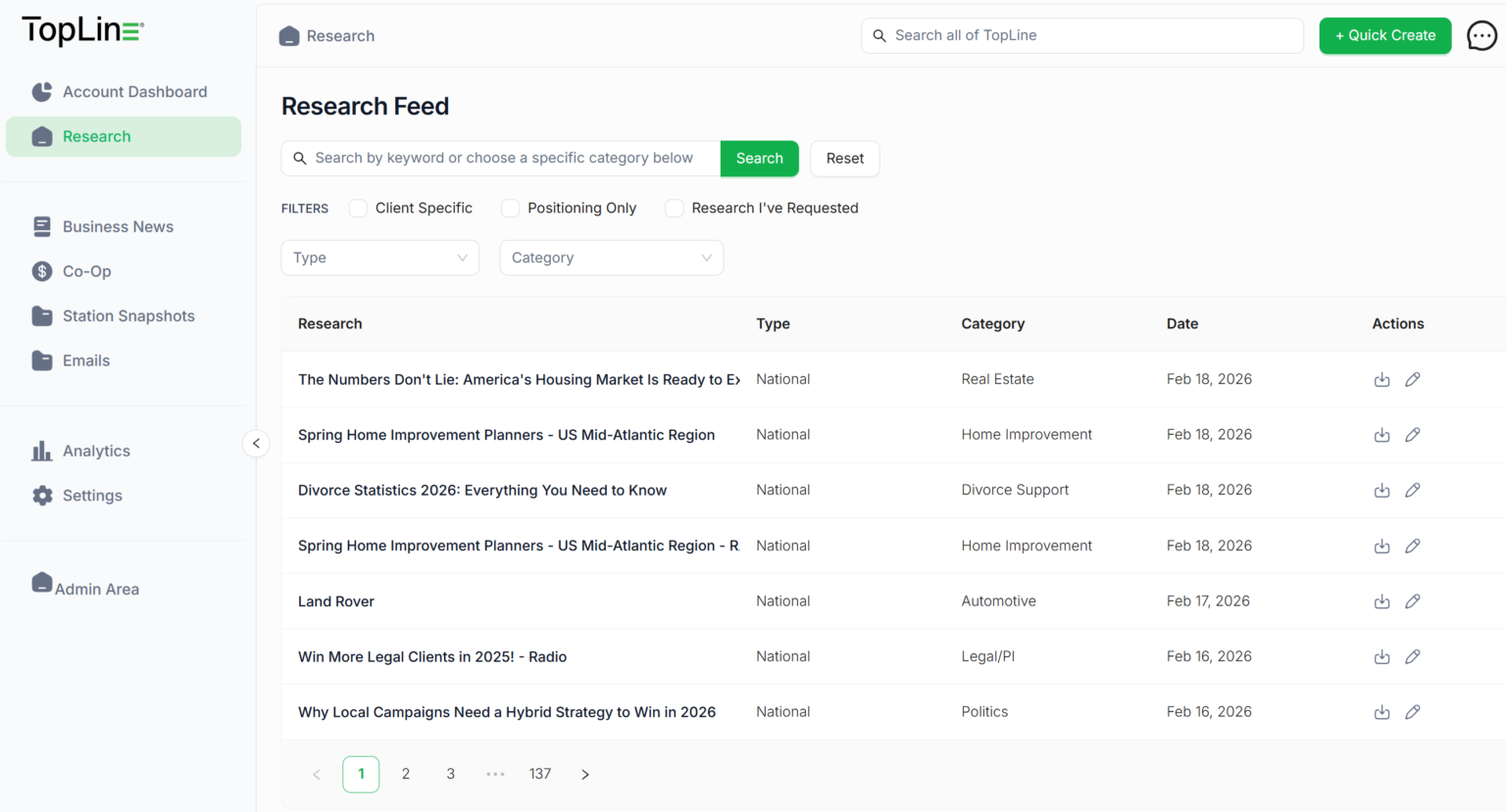 TopLine Research Feed showing categorized, filterable media sales research with type, category, and date