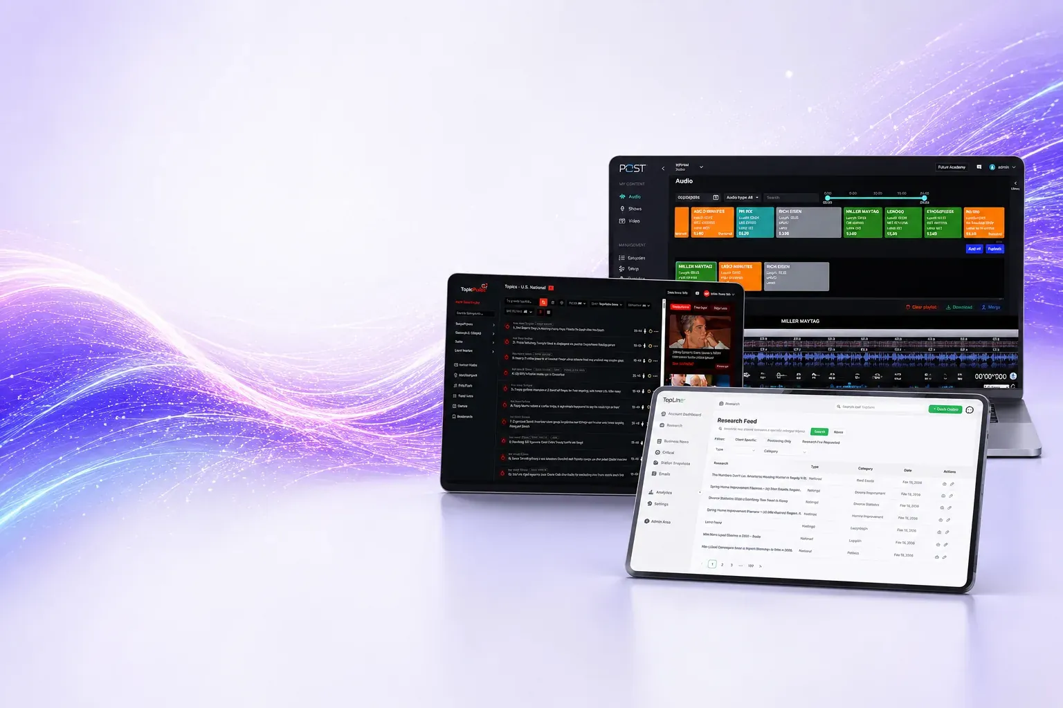 Futuri product suite: POST, TopicPulse, and TopLine dashboards on laptop and tablets