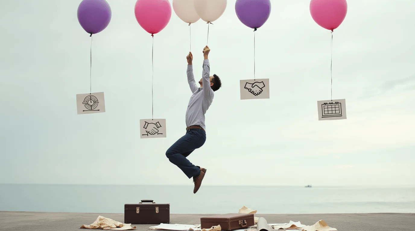 Businessman lifted by balloons with icons representing teamwork, partnership, planning, and strategy, symbolizing career growth and opportunity at the edge of a waterfront.