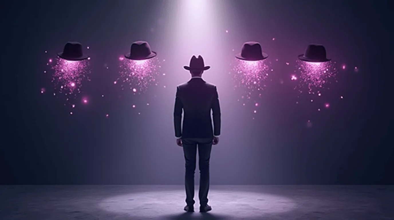 Man in spotlight choosing between floating hats surrounded by sparkles, symbolizing leadership, identity, and career decision-making in a surreal business environment.v