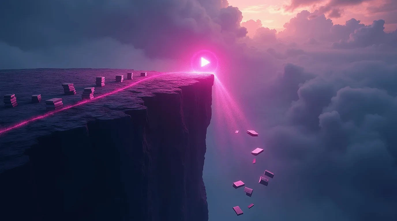 Books falling off a cliff as glowing pink play button lights path, illustrating lost audiobook opportunities