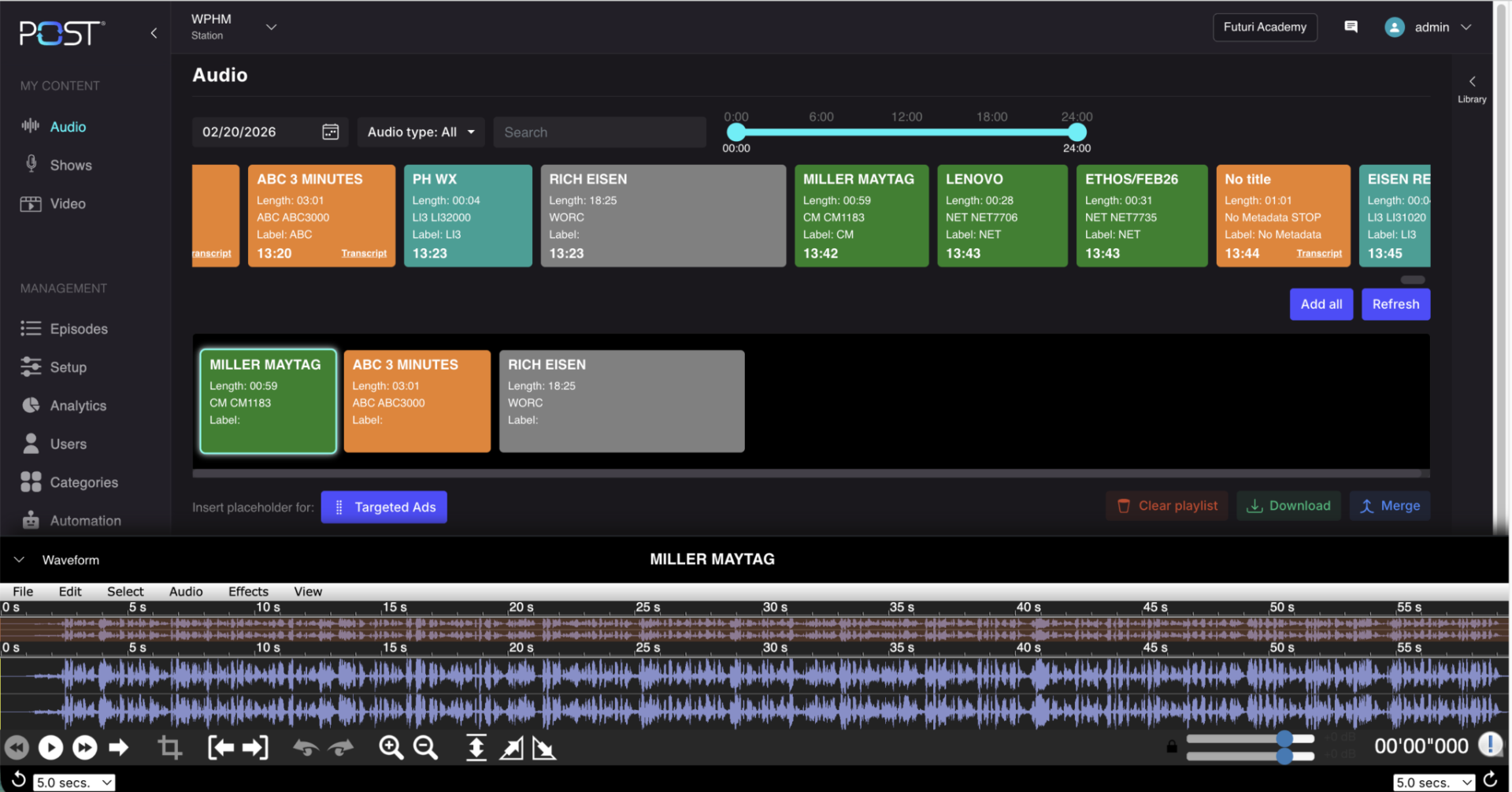 Futuri Post broadcast-to-podcast editor showing audio segments, a playlist, and an editable waveform