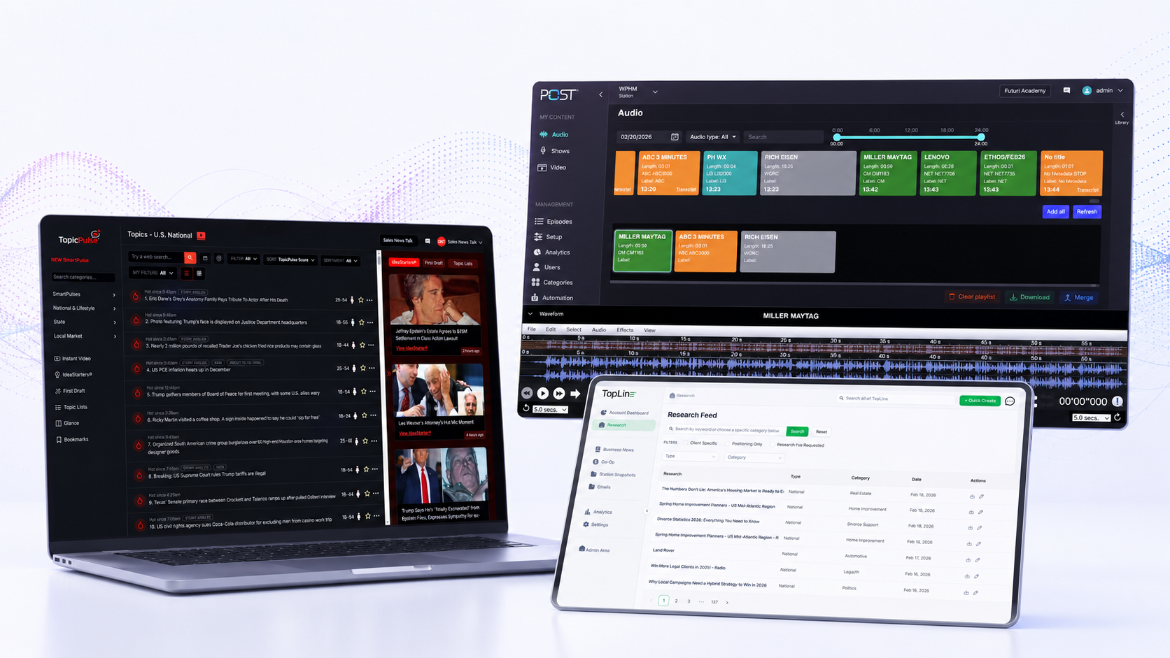 Futuri distribution suite running across laptop and tablet, showing branded apps, audio tools, and audience research