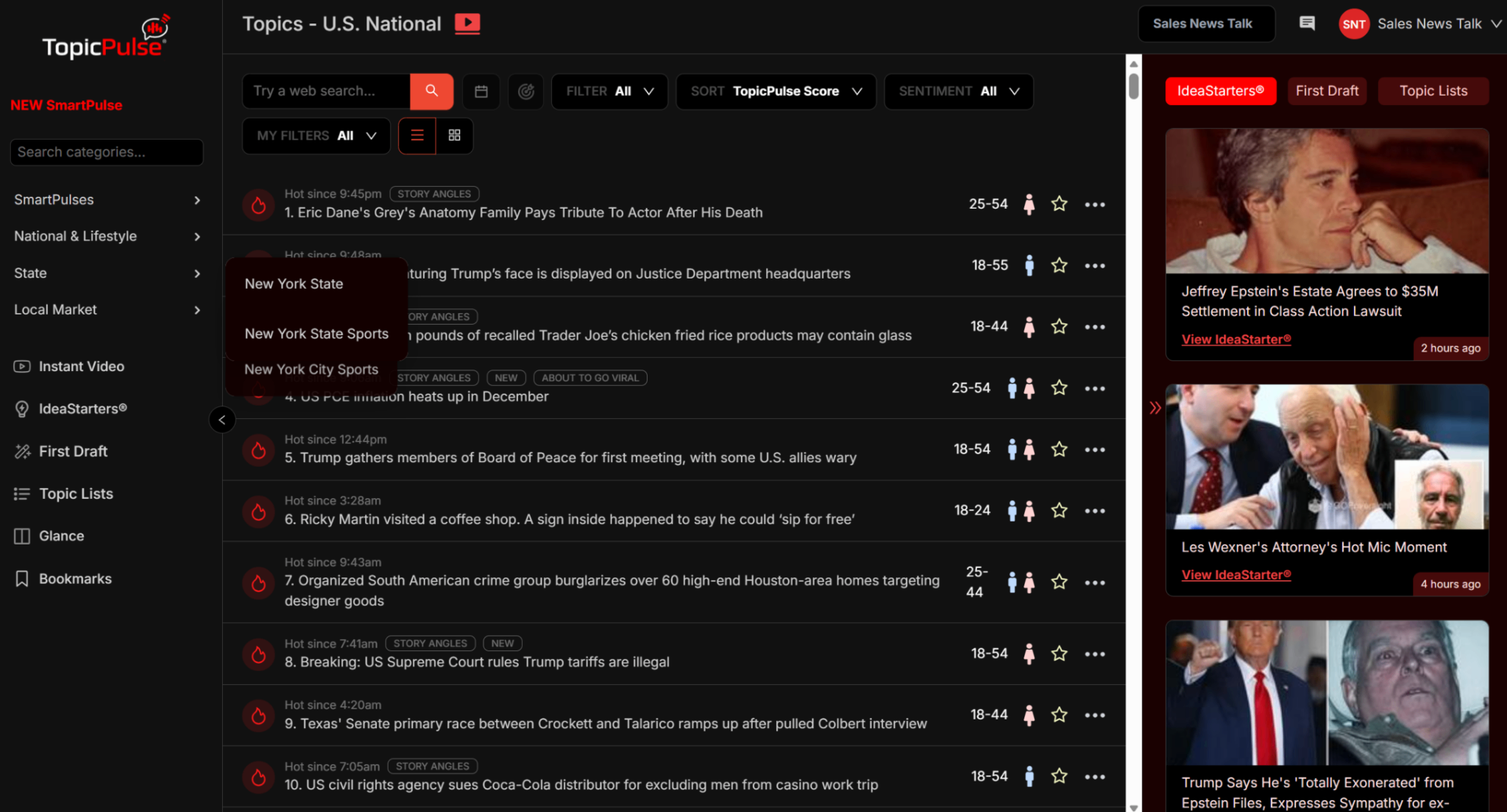 Futuri TopicPulse dashboard showing trending national topics, story angles, and audience momentum
