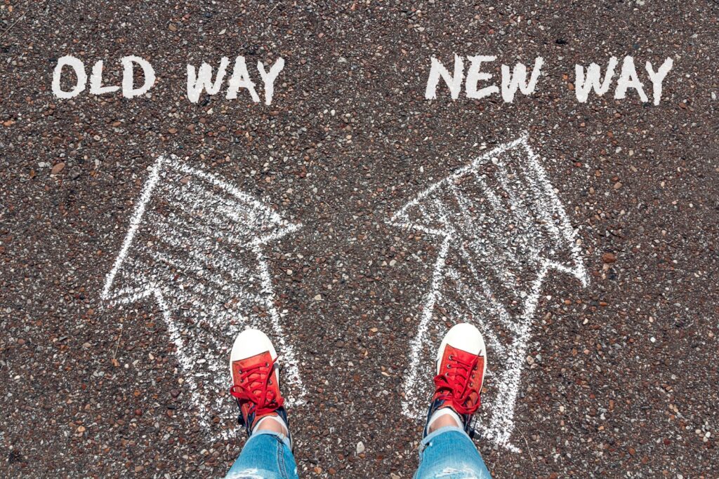 Old way and New way chalky arrows