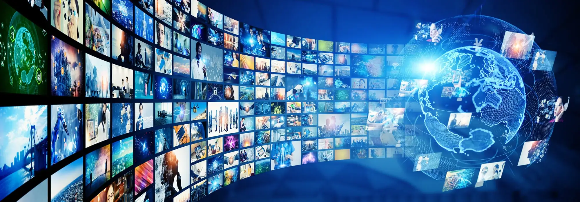 Image of media and tv screens displaying many types of content