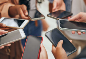 People group hands, phone screen and social media mobile apps, typing and digital iot connection to.