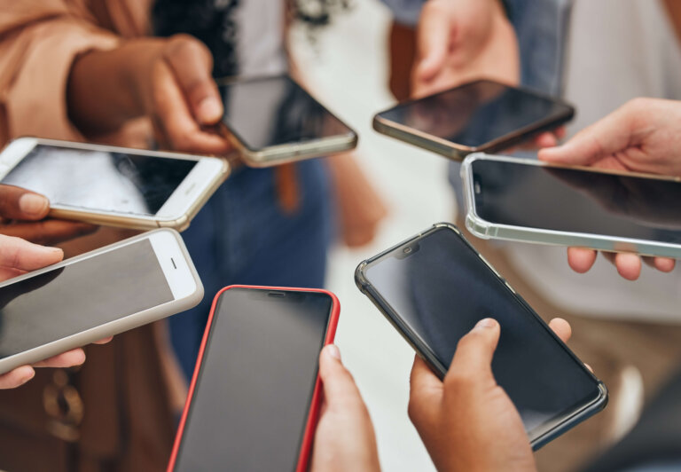 People group hands, phone screen and social media mobile apps, typing and digital iot connection to.