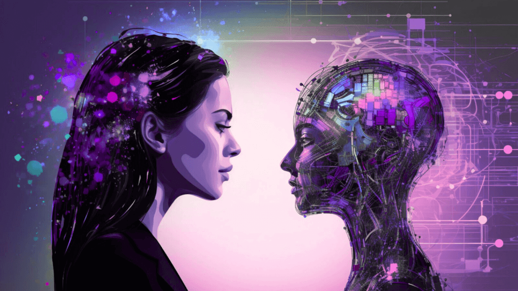 A woman and a futuristic AI humanoid face each other, representing the intersection of human creativity and artificial intelligence in storytelling and media.