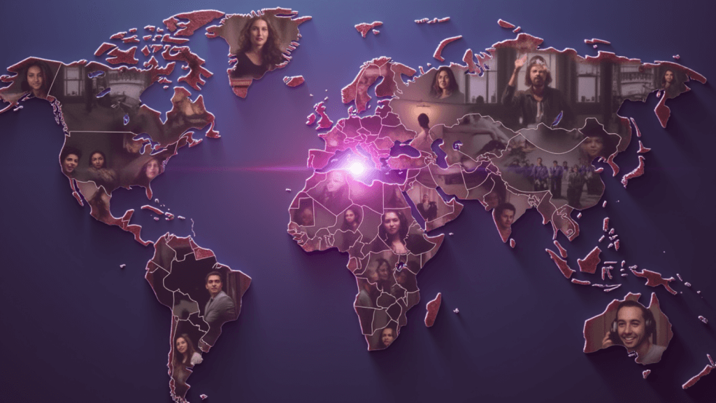 A digital world map overlaid with diverse human faces representing international voice talent and cultural localization in global media markets.