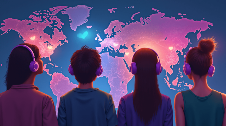 people with headphones facing a glowing world map, symbolizing the global reach of AI-powered audiobook translation and storytelling for young audiences.