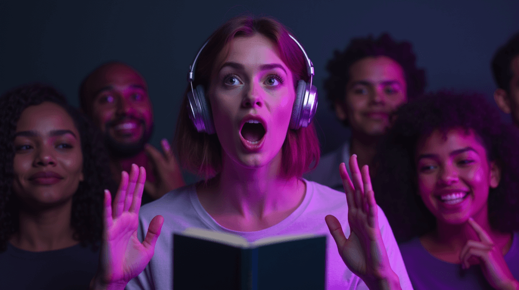 A group of diverse people listening to an audiobook, with one woman reacting emotionally, highlighting the importance of expressive narration in AI-generated audio.