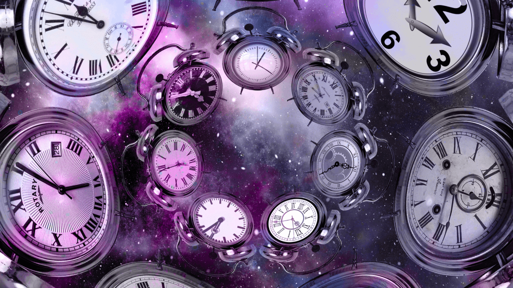 Floating vintage clocks in a purple galaxy, representing time pressure and digital transformation
