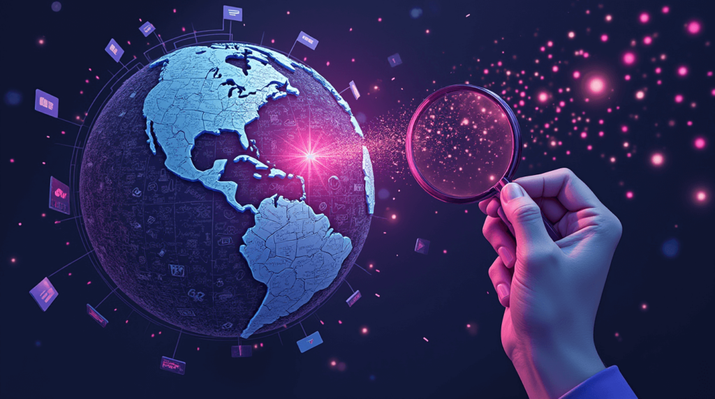 Hand holding magnifying glass over digital globe, symbolizing AI-driven discovery in journalism