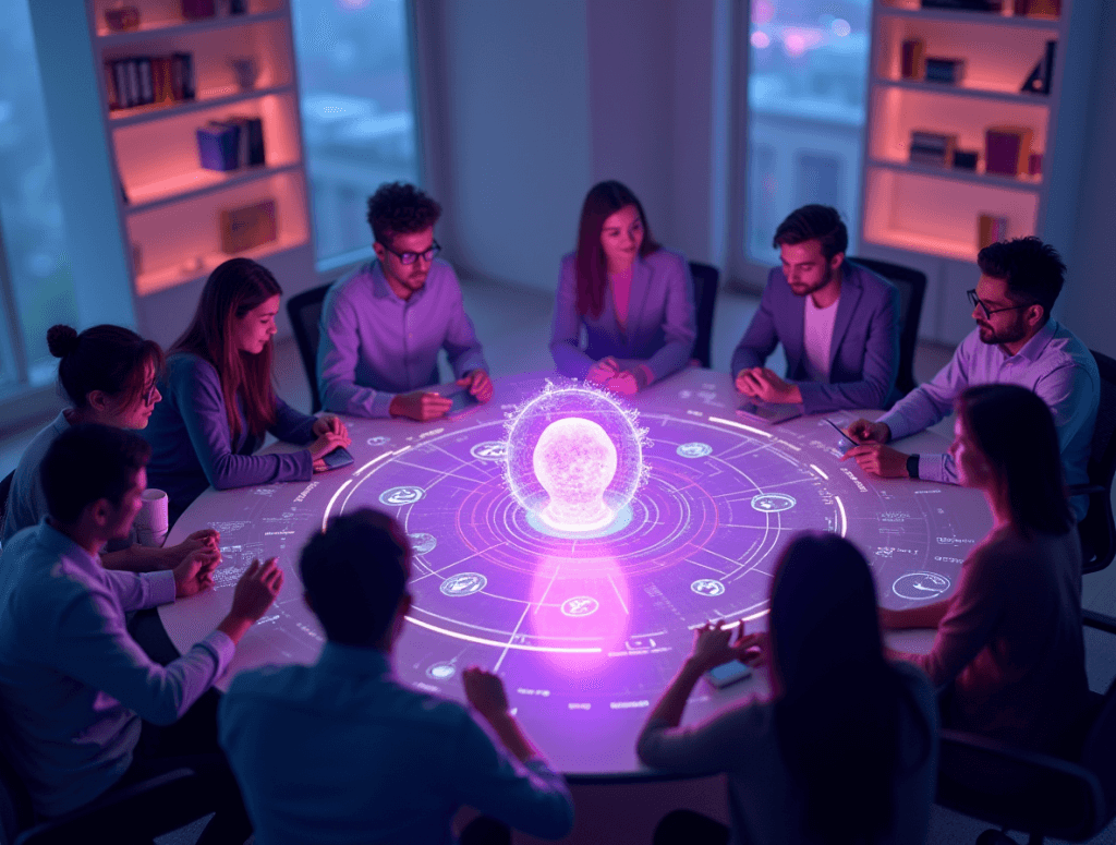 A diverse group of media professionals collaborating with AI