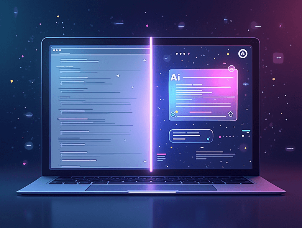 A laptop screen split in two: the left shows traditional text-heavy search results, while the right displays a clean, glowing AI-generated summary interface, symbolizing the shift from SEO to AEO