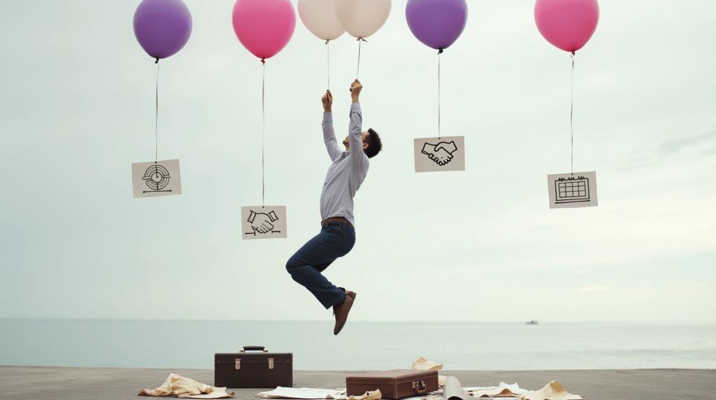 Businessman lifted by balloons with icons representing teamwork, partnership, planning, and strategy, symbolizing career growth and opportunity at the edge of a waterfront.