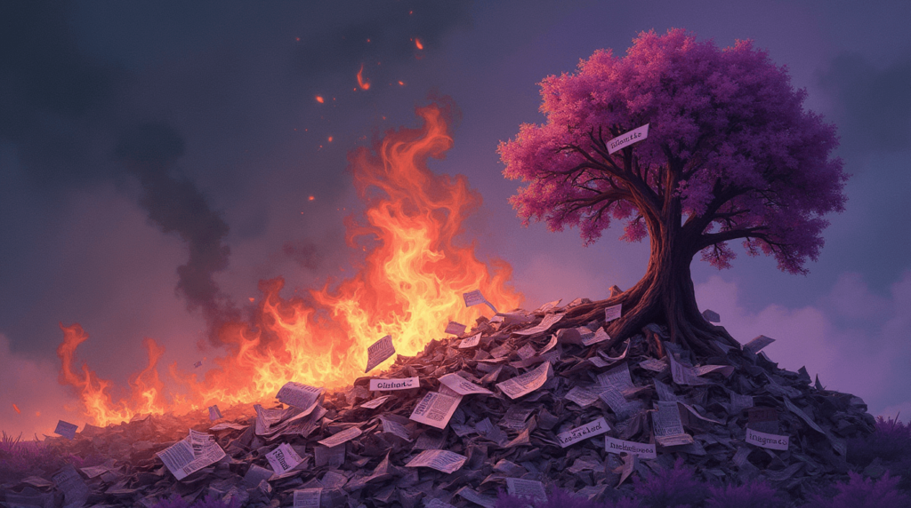 Flaming pile of discarded articles beneath a flourishing tree labeled with authentic journalism