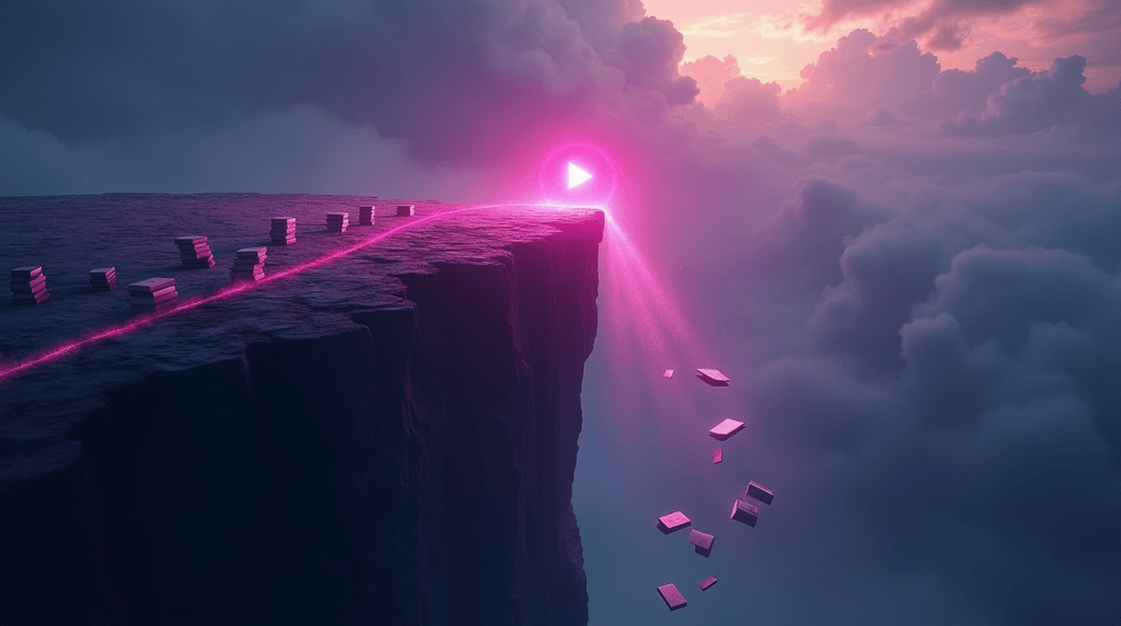 Books falling off a cliff as glowing pink play button lights path, illustrating lost audiobook opportunities