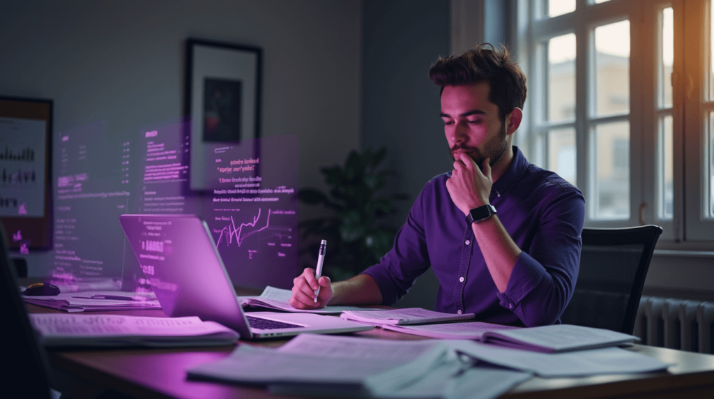 journalist reviewing AI-generated content data with focus and editorial precision