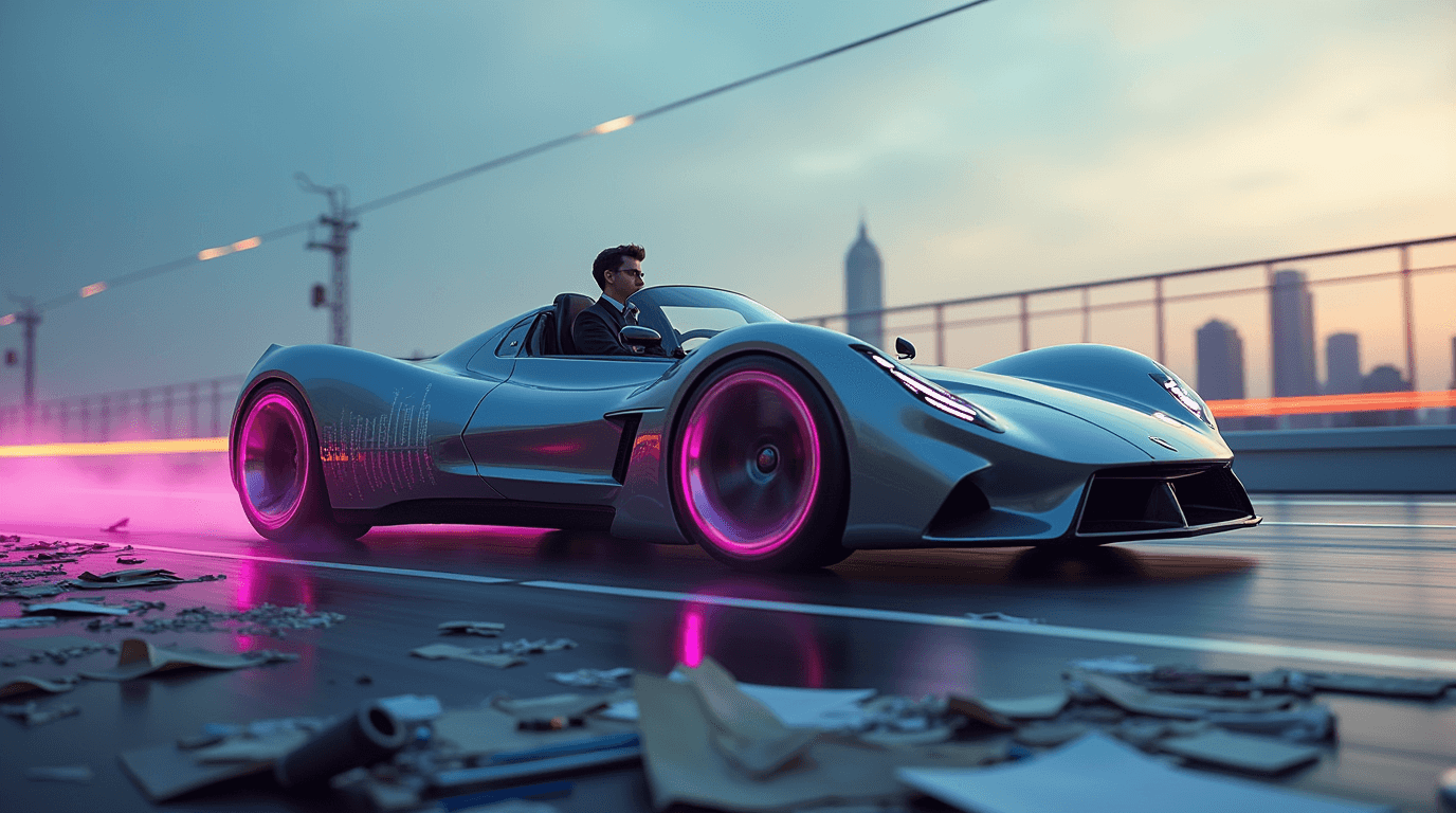 businessman driving a futuristic sports car with glowing purple wheels on a high-speed track, representing innovation, success, and fast-paced business performance.