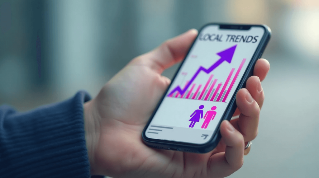 Mobile phone displaying rising local trend analytics with demographic icons