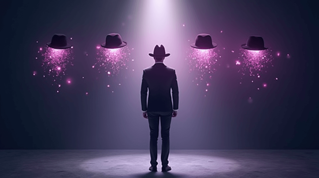 Man in spotlight choosing between floating hats surrounded by sparkles, symbolizing leadership, identity, and career decision-making in a surreal business environment.v