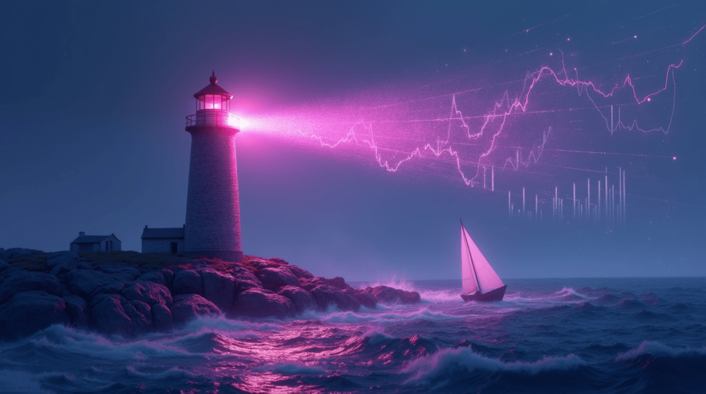 Lighthouse beaming data graphs into the sea, guiding a sailboat toward strategic insights
