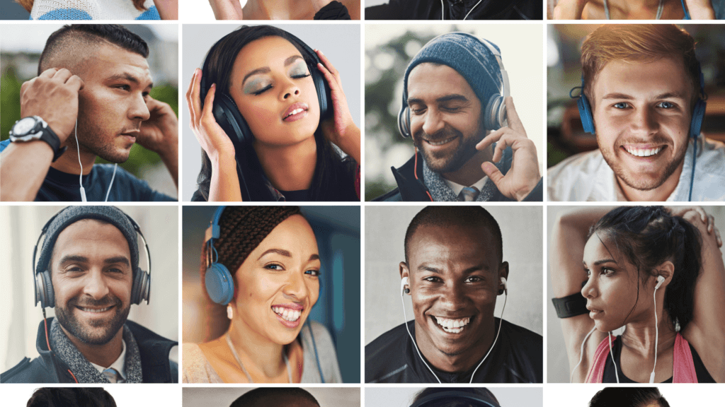 diverse group of people listening to audiobooks spanish language